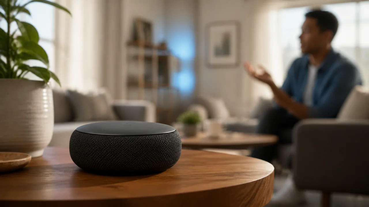 A charcoal voice assistant speaker with its light ring dark while a person speaks in the background