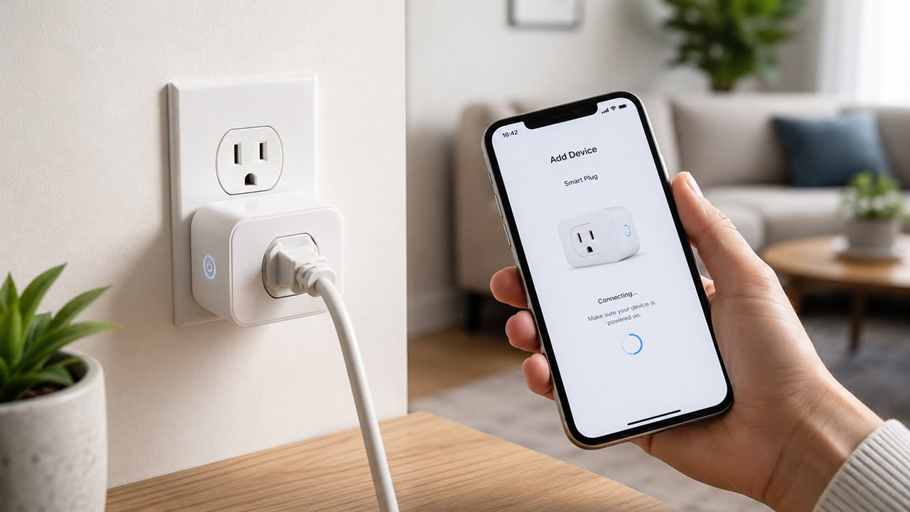 A smart plug connected to a wall outlet while a phone shows the add device setup screen