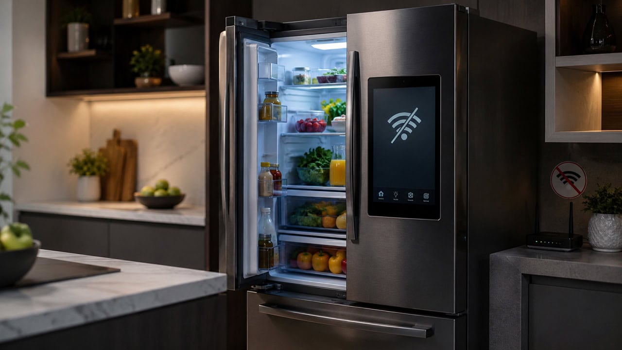 An open French-door refrigerator full of fresh food, its built-in door screen showing a crossed-out wireless symbol, with a router on a counter nearby