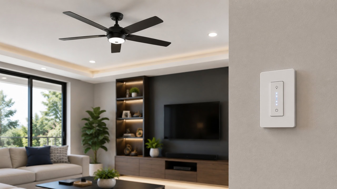 A modern living room ceiling fan shown beside a smart wall fan control