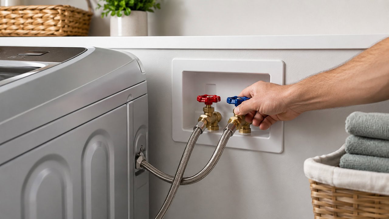 A hand turning blue and red washing machine supply valves connected to braided water hoses
